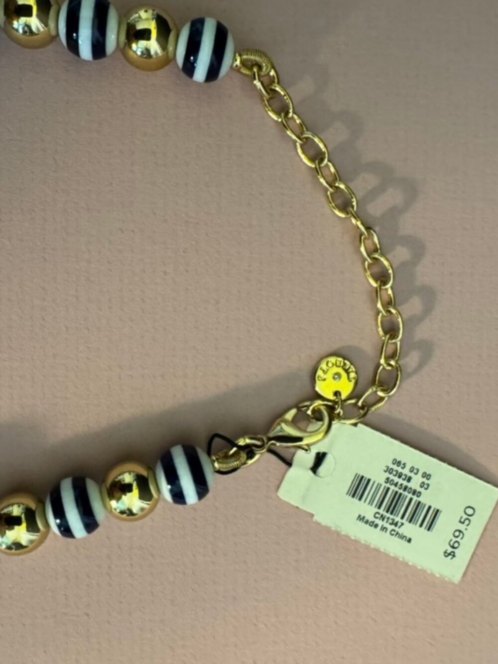 NWT Talbots Statement Necklace Navy White Gold Stripe Graduated Beads Adj Length - Picture 7 of 7